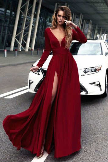 Chiffon Sheath Plunging Long Sleeve Front Split Dress