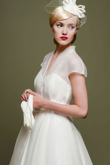 Ankle-Length A-Line Ribboned V-Neck Cap Sleeve Tulle Wedding Dress