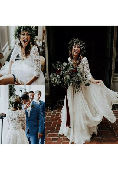 Robe de mariée en dentelle à deux pièces avec col en V et traîne longue au sol, manches 3-4 et dos illusion