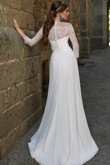 A-line di chiffon con cerniera con cerniera a maniche per illusione lungo a una linea con fronte e perline divisi