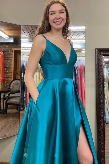 Simple Sleeveless Floor-length A Line Satin Open Back Evening Dress with Pockets