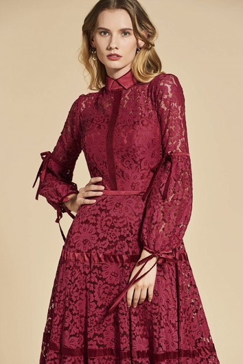 3/4 Sleeve High Neck Vintage Lace Sheath Dress With Bow Appliques