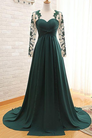 Elegant Long Sleeve Dark Green Evening Dress Chiffon Long With Appliques