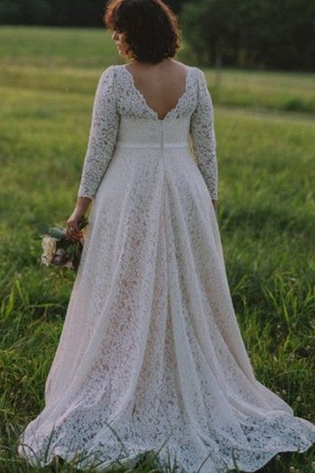 Simple A Line Lace Floor-length Long Sleeve Low-V Back Wedding Dress