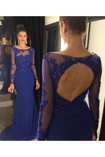 Elegant Lace Appliques Sequined Evening Dress Mermaid Long Sleeve