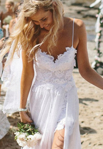 Beach Destination Elopement Simple/Casual Spaghetti Lace Backless Appliqeus Front-Split Wedding Dress