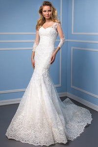 Mermaid 3-4 Sleeve V-Neck Appliqued Lace Wedding Dress With Chapel Train