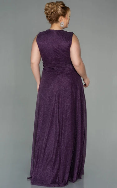 Sequin V-neck Sheath Slit Front Poet-sleeve Plus Size Evning Dress