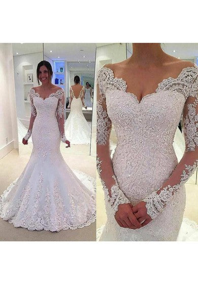 Dlouhé krajkové rukávy V výstřih mořské panny dlouhé krajkové šaty