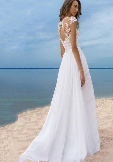 Sexy Beach Style Chiffon A-line Scoop-neck Cap-sleeve Slit Front Dress with Lace