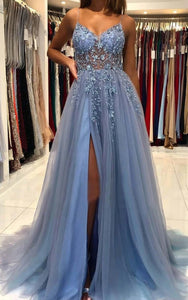 Spaghetti Front Split Tulle Pleated A-line Prom Dress with Crystal Detailings