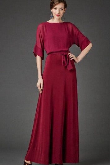 Bateau Bat Half Sleeve A-line Pleated Chiffon Long Dress With Sash