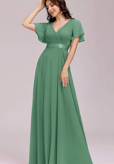 Elegant Chiffon V-neck A Line Short Sleeve Prom Mother Dress With Ruffles