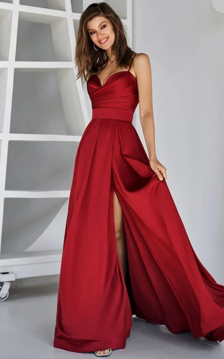 Sweetheart Spaghetti Sheath Front Split Ruched Dress