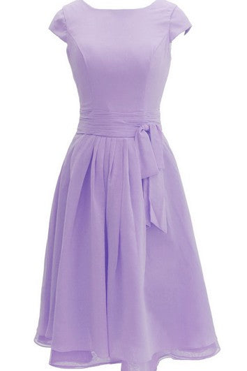 Cap-sleeved Knee-length Chiffon Dress With Ribbon