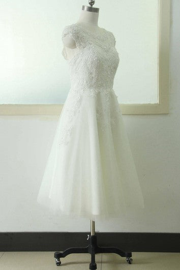 A-Line Knee-Length Cap Sleeve Beaded Zipper Back Lace Dress