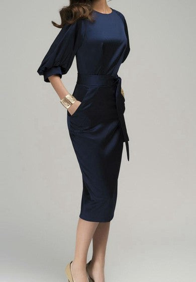 Casual Navy Blue Formal Retro Knee-Length Pencil Office Lady Work Dress with Belt