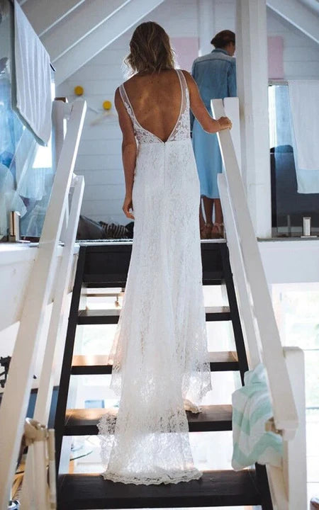 Abito da sposa a vento senza schienale in pizzo a V-Neck.