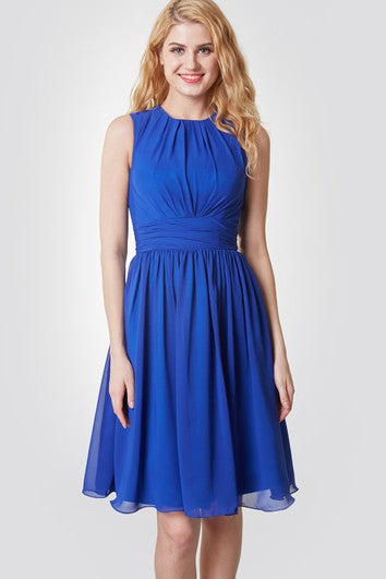 Elegant High Neck Pleated Short Chiffon Dress With Sash