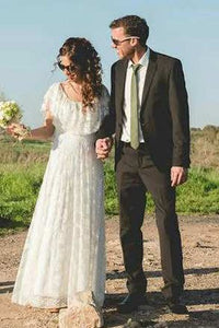 Boho Scoop-Neck Lace And Pleated Wedding Dress