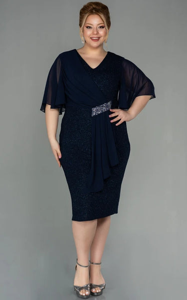 V-neck Poet-sleeve Pencil Plus Size Sequin Mother of Bride Dress with Draping