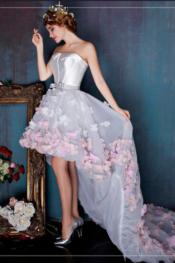 High-low Sleeveless Cute Open Back Dress With 3D Floral Appliques And Delicate Bow