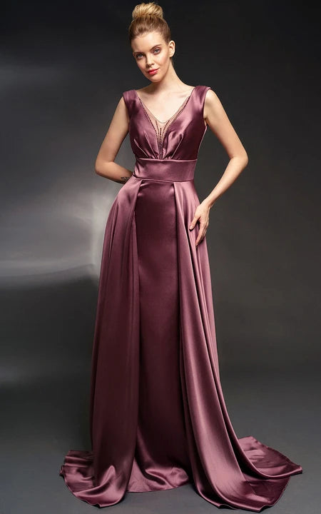 V-neck Sleeveless Satin Dress with Beadings and Low-v Back