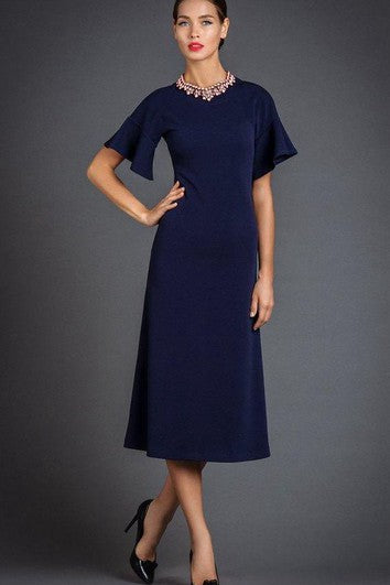 High Neck Short Bell Sleeve A-line Tea Length Jersey Dress