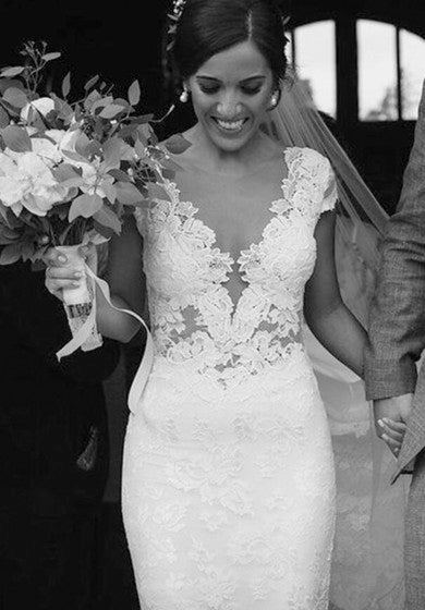 Ilusión Tulle Back Cap Manges Sexy Mermaid Lace Bridal Vestido con tren judicial