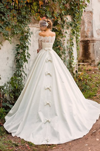 Off-the-shoulder A-line Satin Wedding Dress With Lace Bodice And Beaded Waist