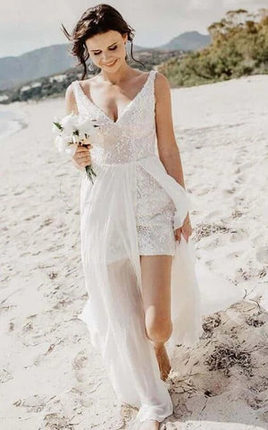 Beach Short V-neck Sleeveless Bodycon Wedding Dress with Chiffon Skirt