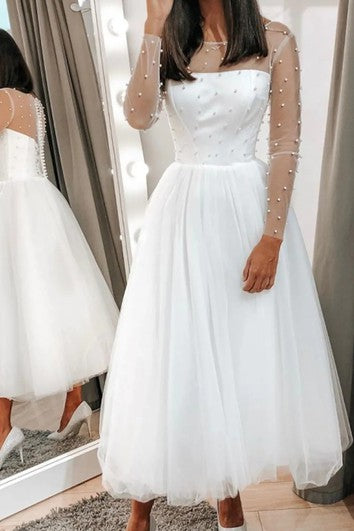 Modest Bateau A Line Tea-length Long Sleeve Wedding Dress With Beading