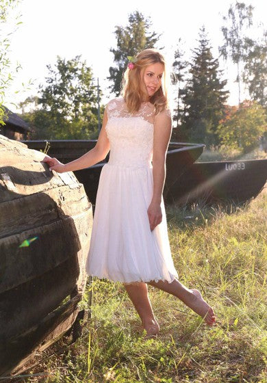 Tea-Length Sweetheart Chiffon Lace Dress With Illusion Lace-Up Back