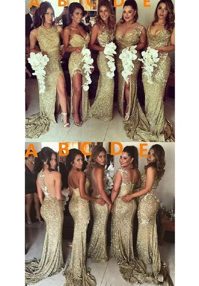 Halter Sweetheart en V-Cinco A-Línea Llegado de lentejuelas sin mangas de la dama de honor con espalda abierta