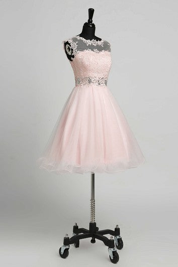 A-Line Sleeveless Short Mini Illusion Adorable Lace Dress with Appliques Lace Sequins