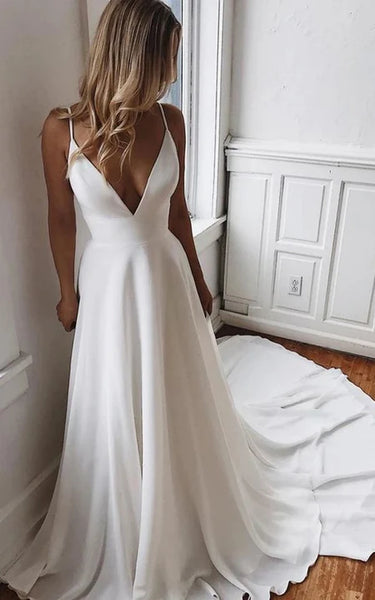 Spaghetti Plunged Sexy Empire Sleeveless Chiffon A-line Wedding Dress