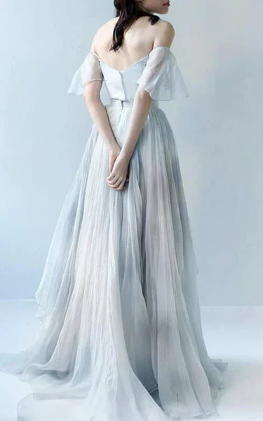 Off-the-shoulder Blue Empire A-line Tulle Dress with Draping