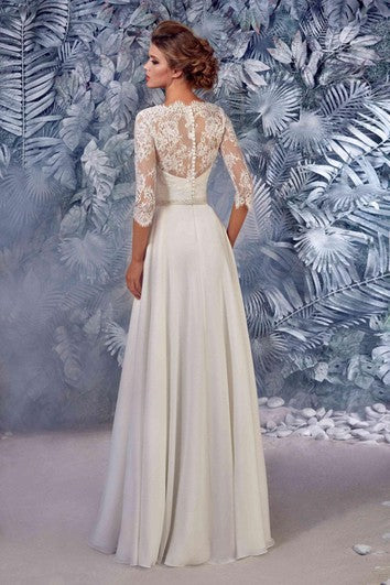 Chiffon and Lace A-line Wedding Dress with 3/4 Sleeves