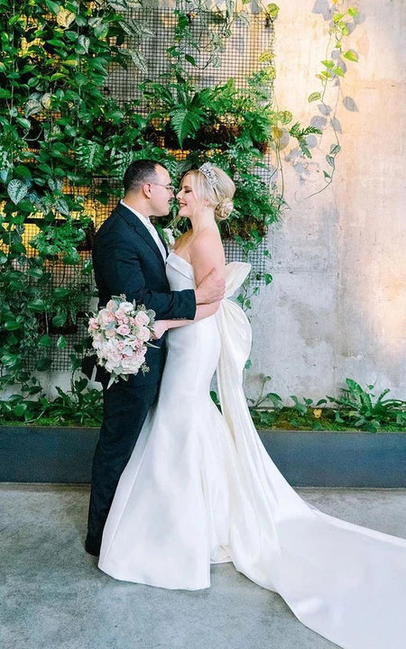 Robe de mariée sirène bustier élégante en satin grande taille avec nœud dans le dos