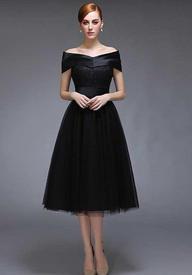 Off The Shoulder V Neck A-line Knee Length Tulle Dress