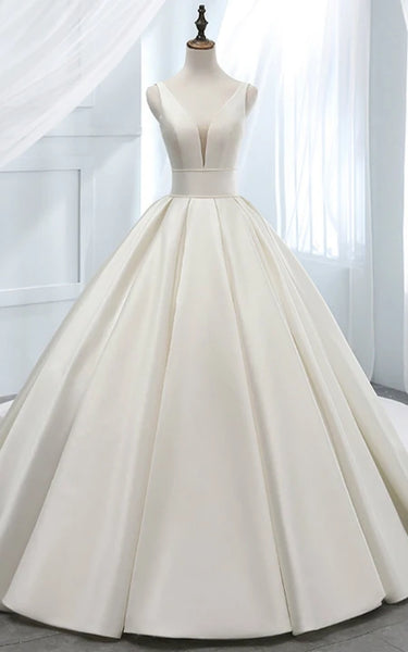 Elegant Plunged-neck Sleeveless Corset Back Satin Princess | Ball Gown Wedding Dress