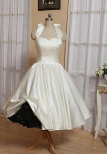 Halter Tea-Length Satin Wedding Dress With Bow And Lace-Up Back