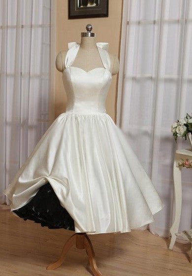 Halter Tea-Length Satin Wedding Dress With Bow And Lace-Up Back