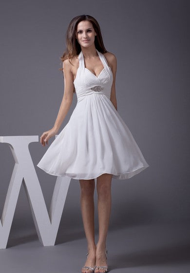 Knee Length Sleeveless Halter A-Line Dress With Ruching and Beadings