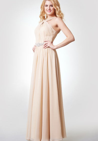 A-line Pleated Long Chiffon Dress With Straps and Sash