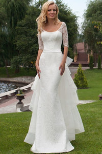 Sheath Scoop Neck Bowed Half Sleeve Lace Wedding Dress