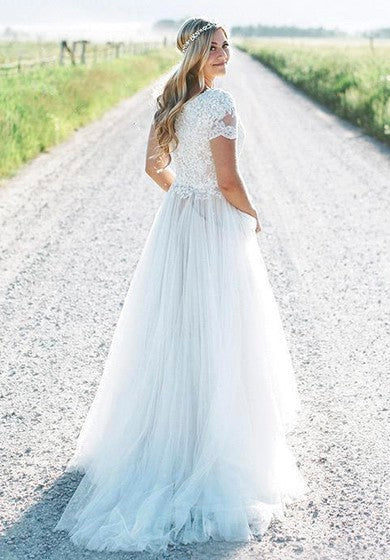 A-line Lace Appliques Bohemian Short Sleeve Tulle Wedding Dress With Ruching