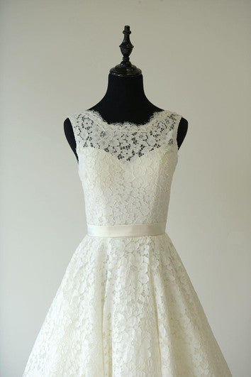 Sleeveless A-Line Tea Length Lace Dress With Low-V Back and Satin Sash