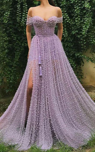 Off-the-shoulder Empire A-line Front Split Illusion Prom Dress with Crystal Detailings