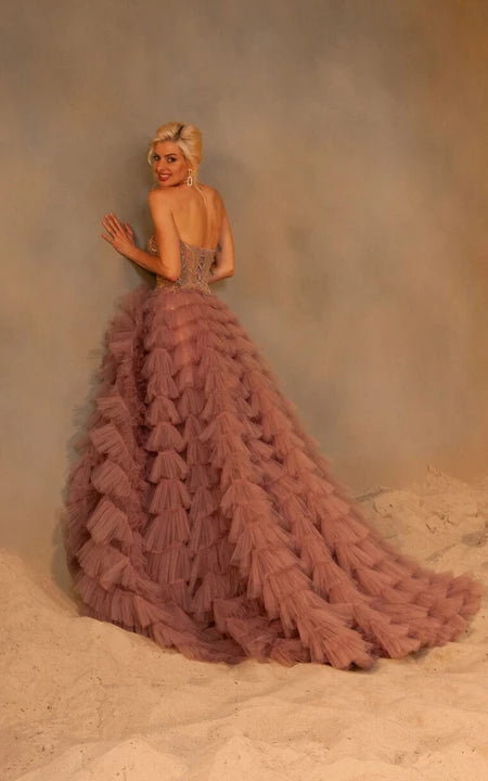 Sladká melounová áčková balónová sukně s římským střihem, vrstvená a volánková plesová šaty